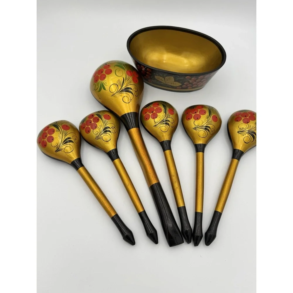 Vintage Russian Wooden‎ Khokhloma Spoons and bowl,  Hand-Painted, Lacquer Set
